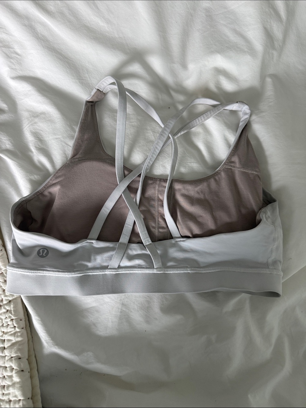 lululemon athletica White Sports Bra with Taupe Interior and Strappy Back